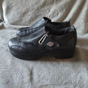 Harley Davidson black leather slip on platform shoes lug sole women’s size 7.5